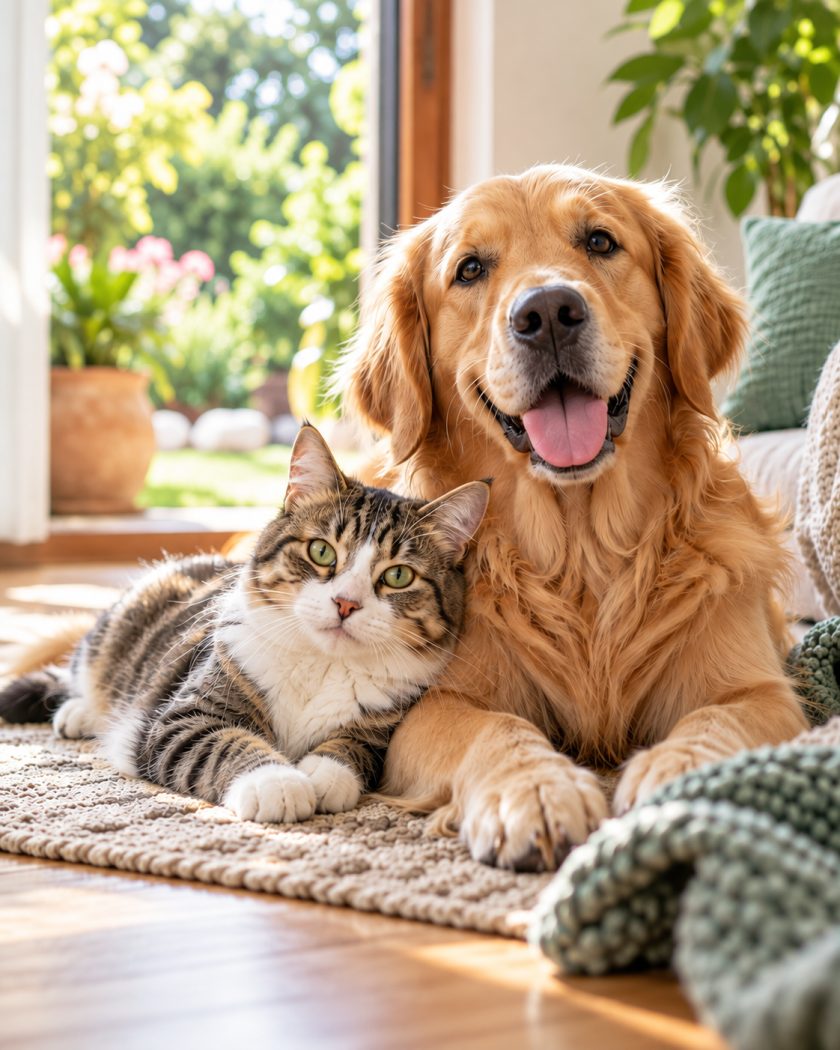 Ein Golden Retriever und eine getigerte Katze liegen entspannt nebeneinander auf einem Teppich im sonnigen Wohnzimmer